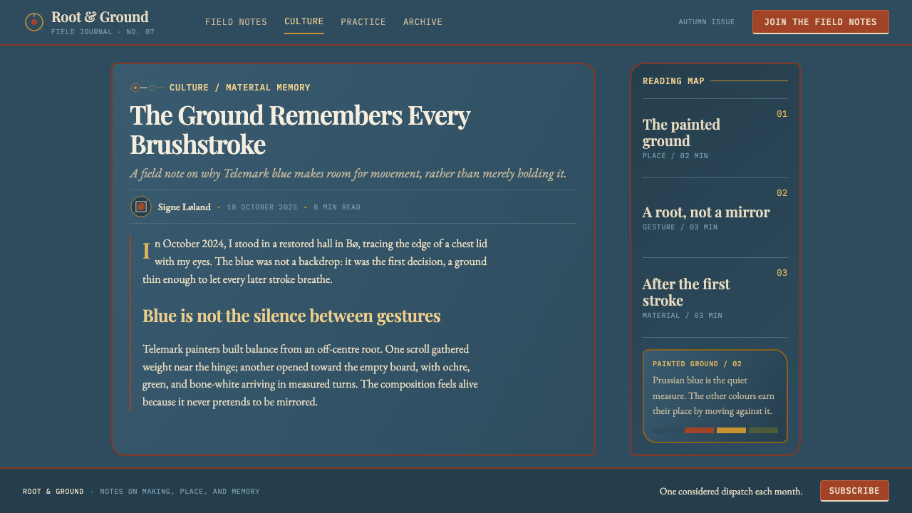Telemark Rosemaling design style applied to a Article page