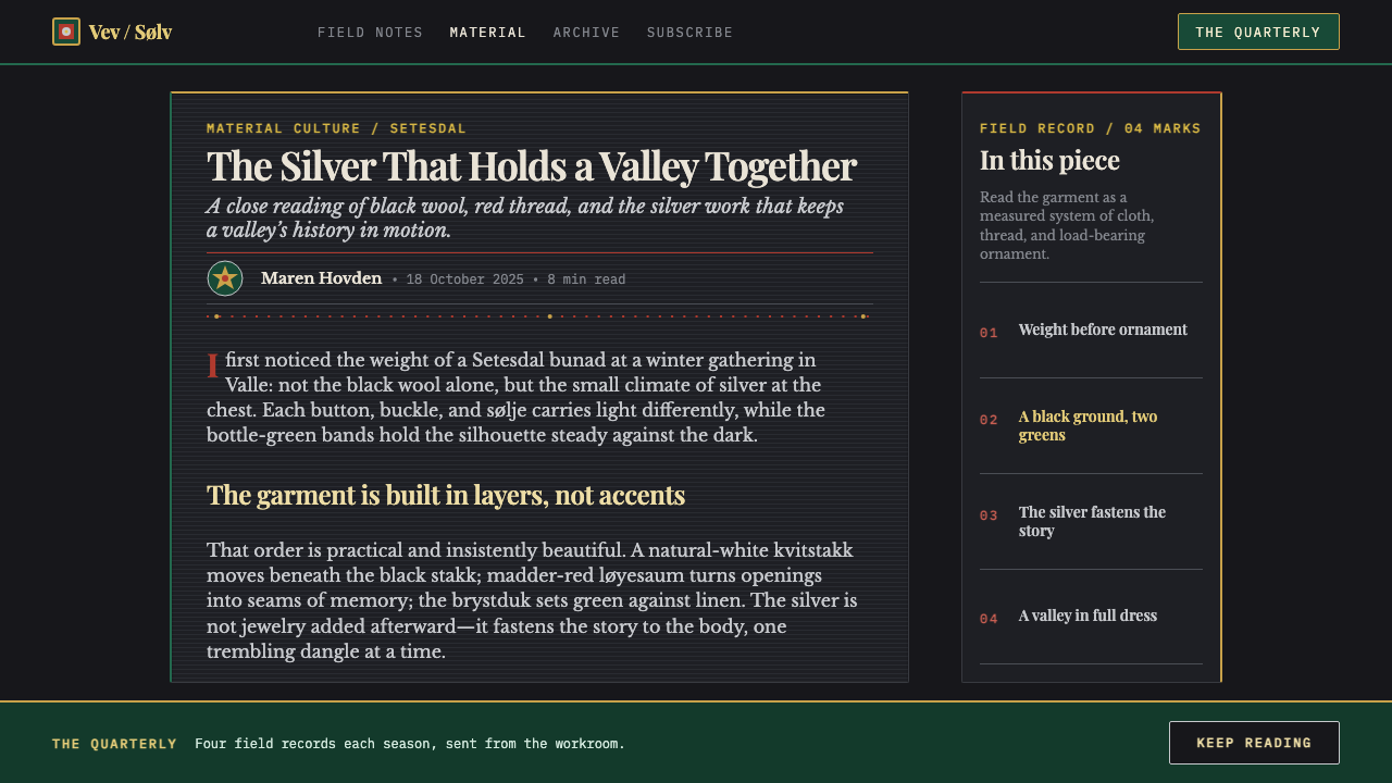 Setesdal Bunad design style applied to an Article page