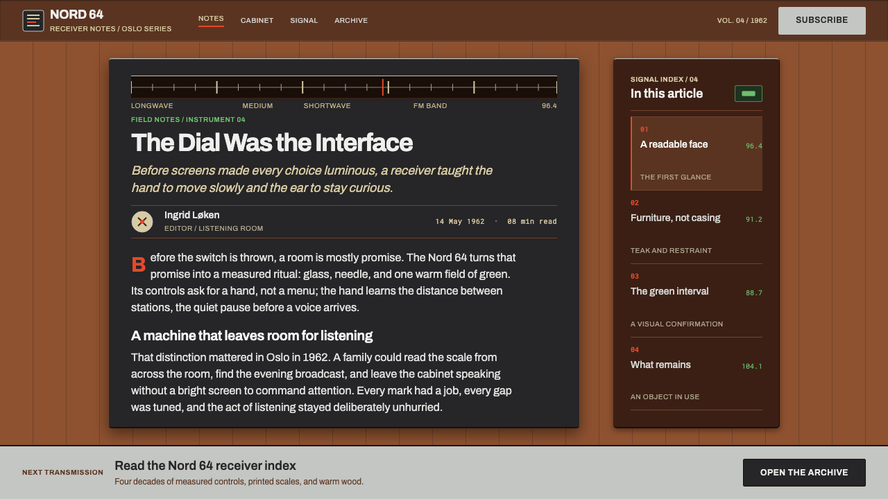 Tandberg Radio design style applied to an Article page