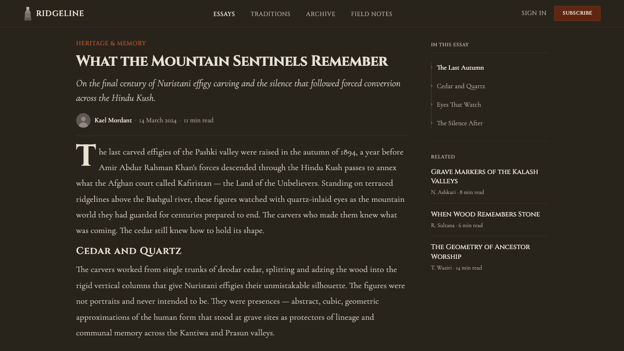Nuristani Wooden Effigy (Pre-Islamic Kafiristan) design style applied to a Article page