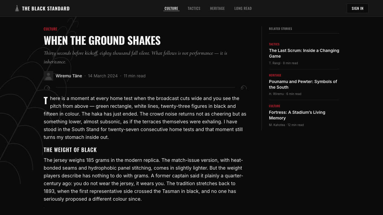 NZ All Blacks Rugby Haka Fern design style applied to a Article page