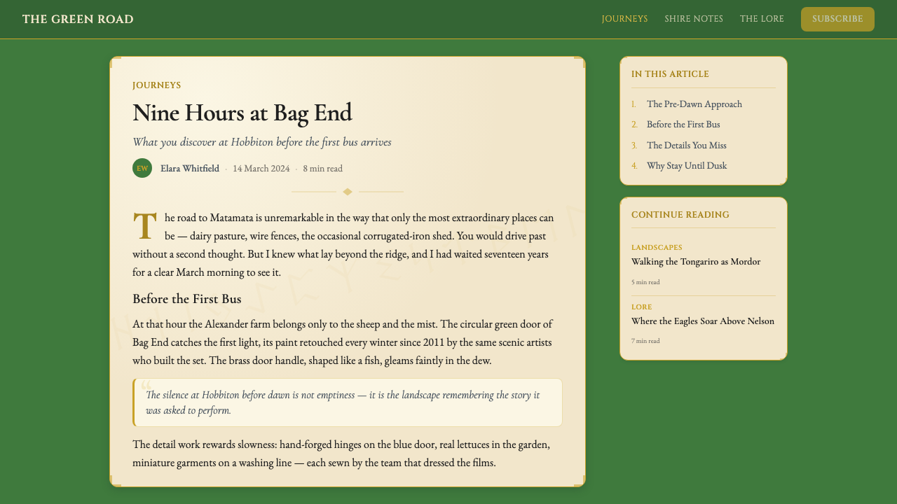 NZ Lord of the Rings Tourism design style applied to a Article page