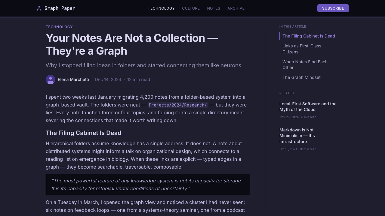 Obsidian Knowledge Graph design style applied to a Article page