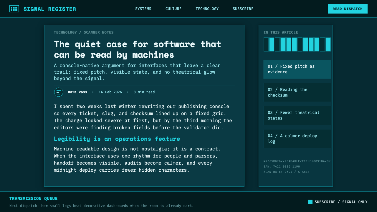 OCR-B Machine Readable design style applied to a Article page