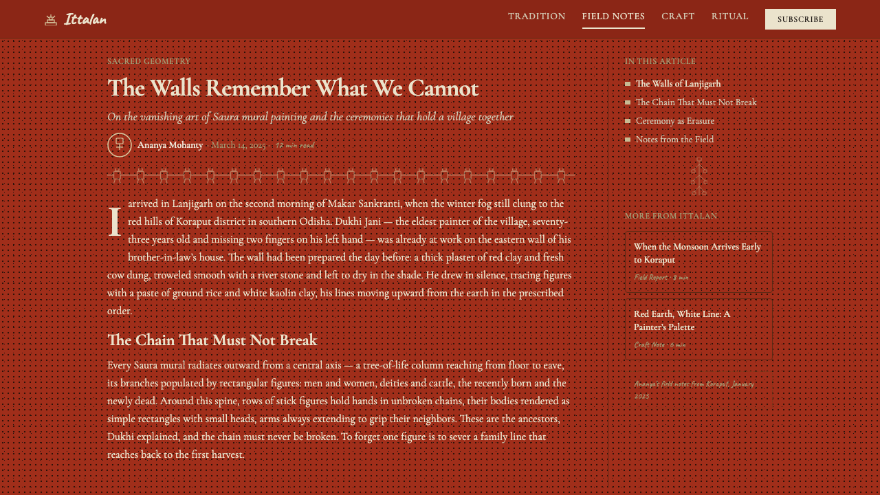 Odisha Saura Tribal Mural design style applied to a Article page