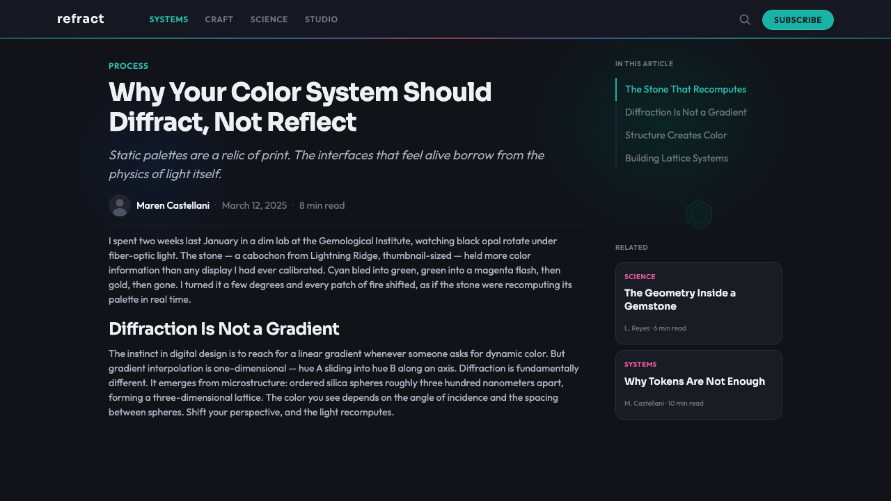 Opal Play-of-Color design style applied to a Article page