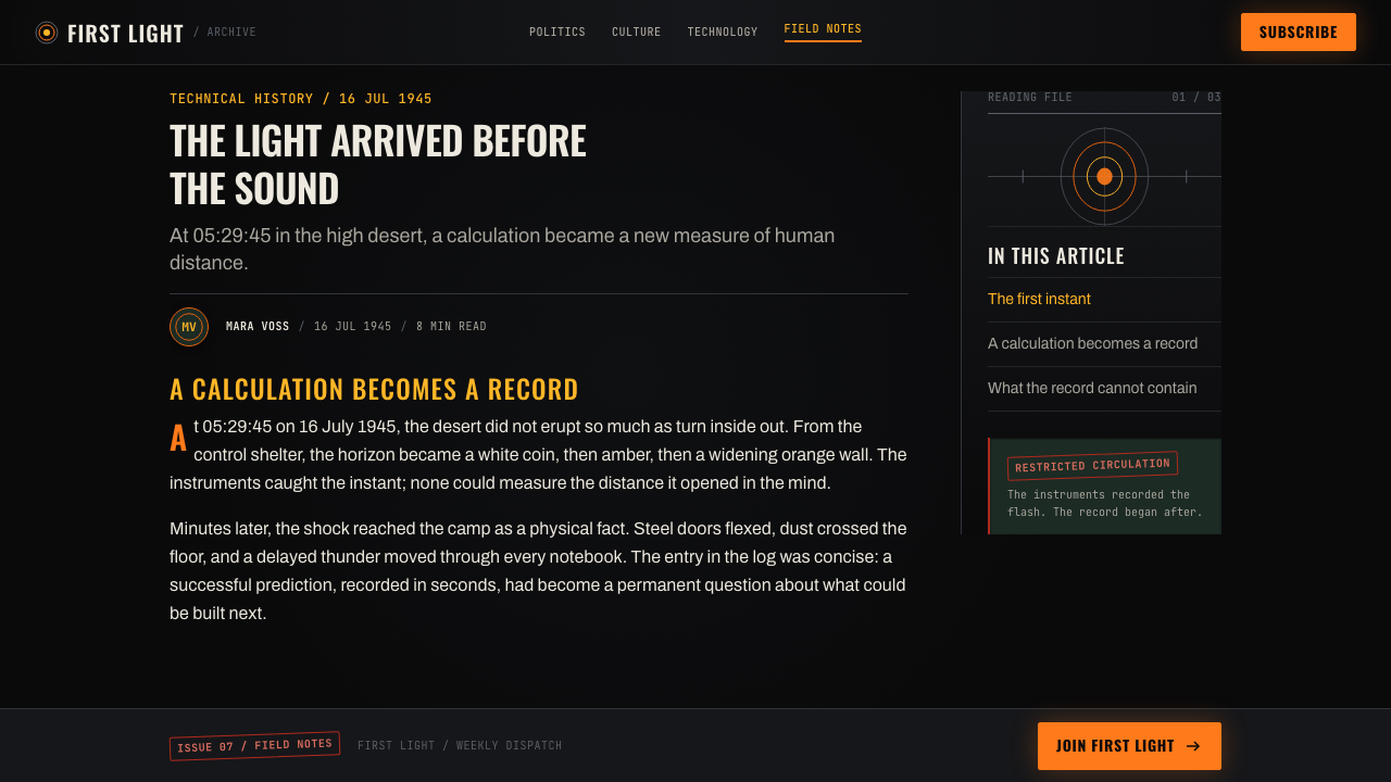 Oppenheimer Trinity (2023) design style applied to a Article page