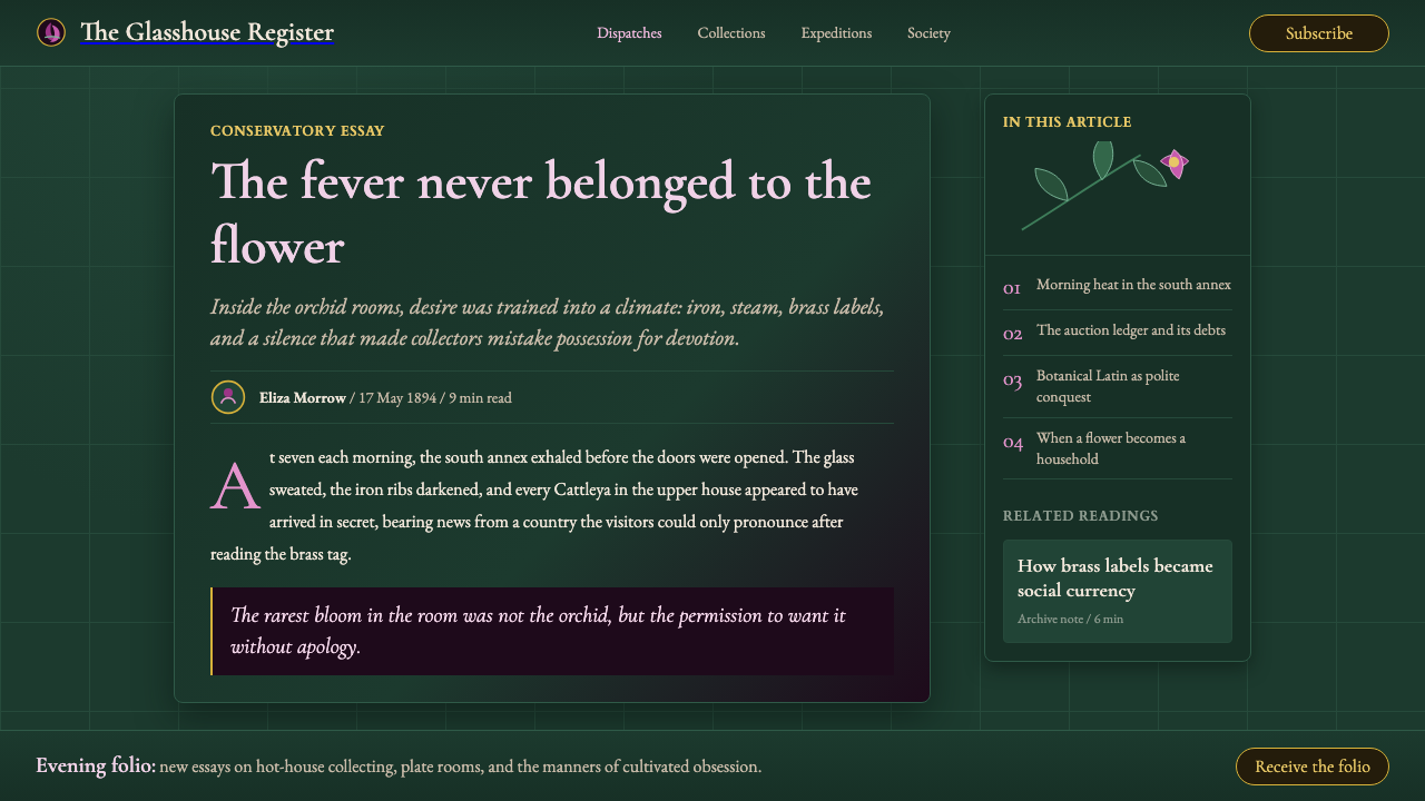 Orchid Conservatory design style applied to a Article page