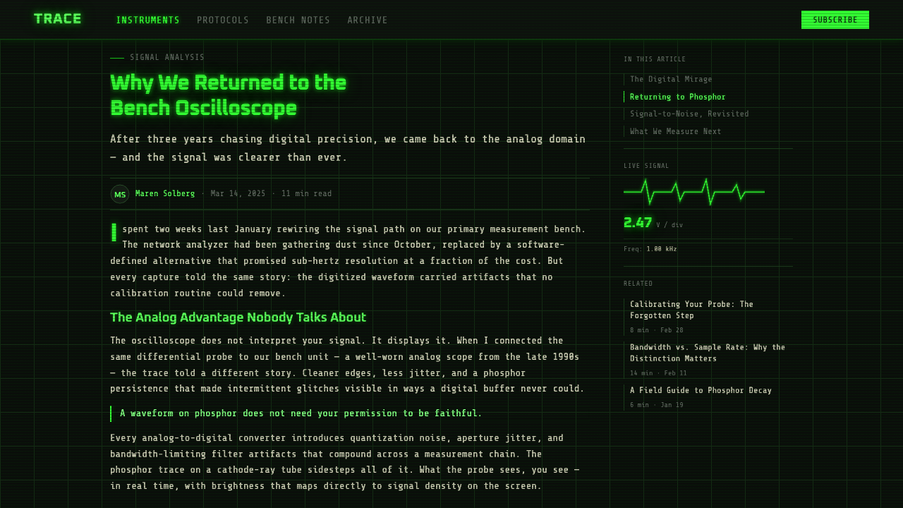 Oscilloscope Trace design style applied to a Article page
