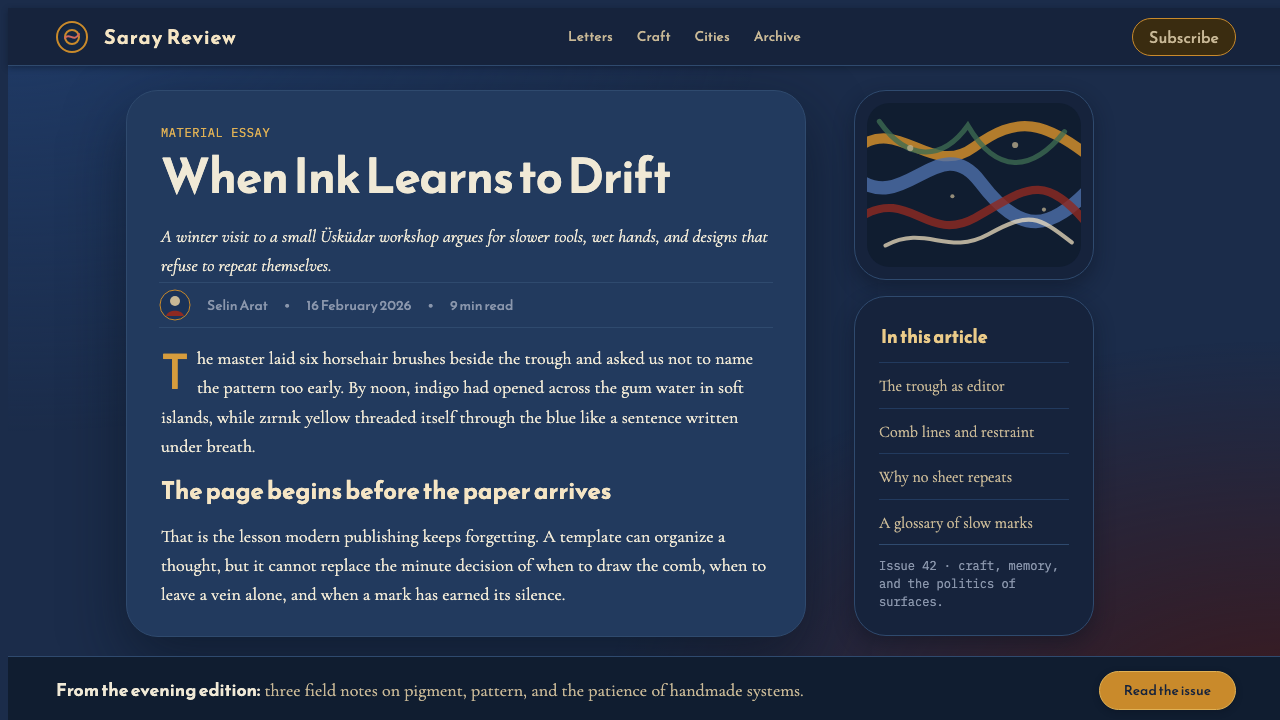 Ottoman Ebru Marbling design style applied to a Article page