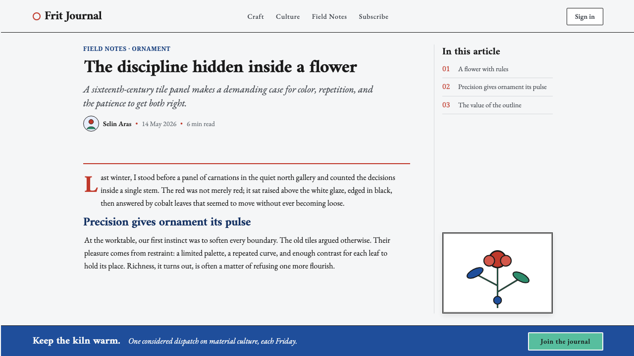 İznik Carnation Panel design style applied to a Article page