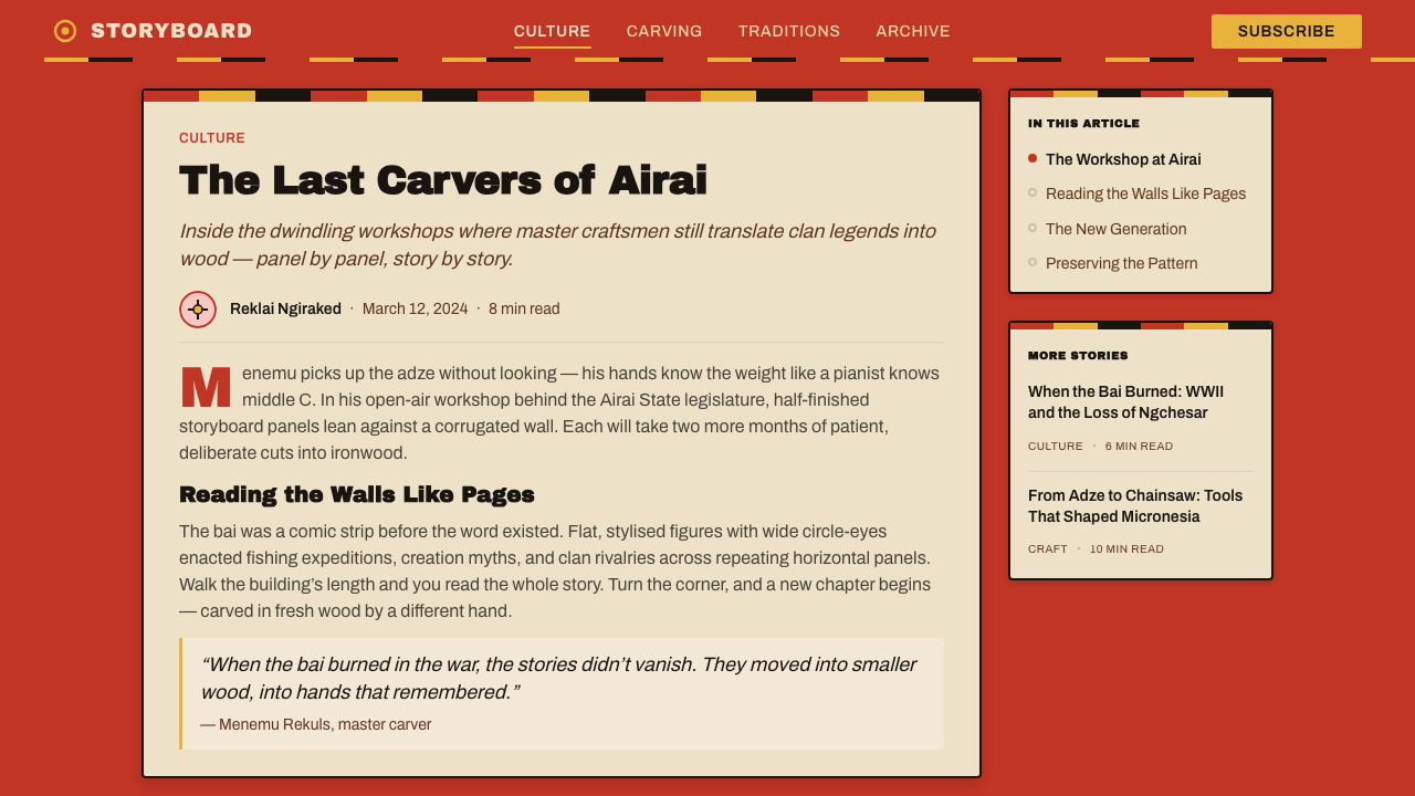 Palauan Bai Storyboard design style applied to a Article page