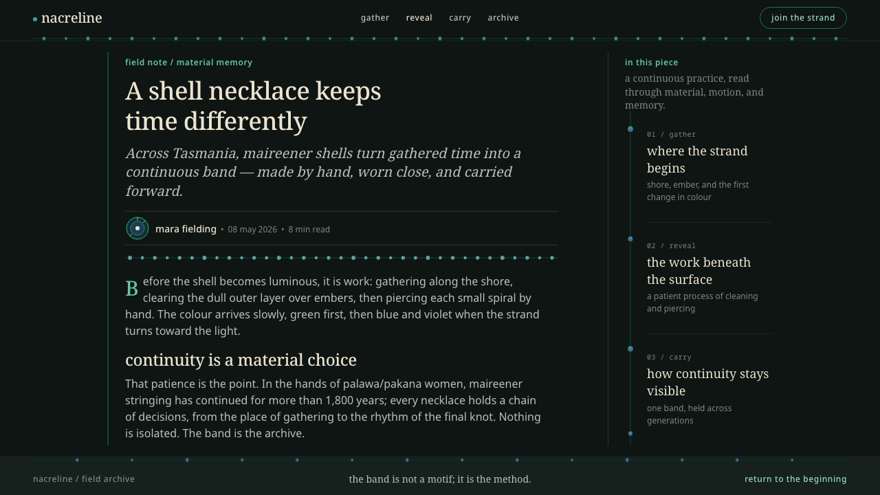 Palawa Shell Necklace design style applied to an Article page