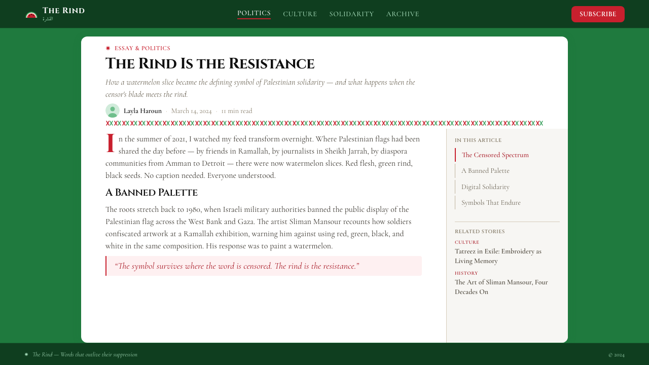 Palestinian Watermelon (2021) design style applied to a Article page