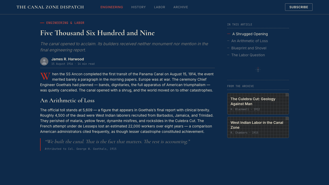Panama Canal Deco 1914 design style applied to a Article page