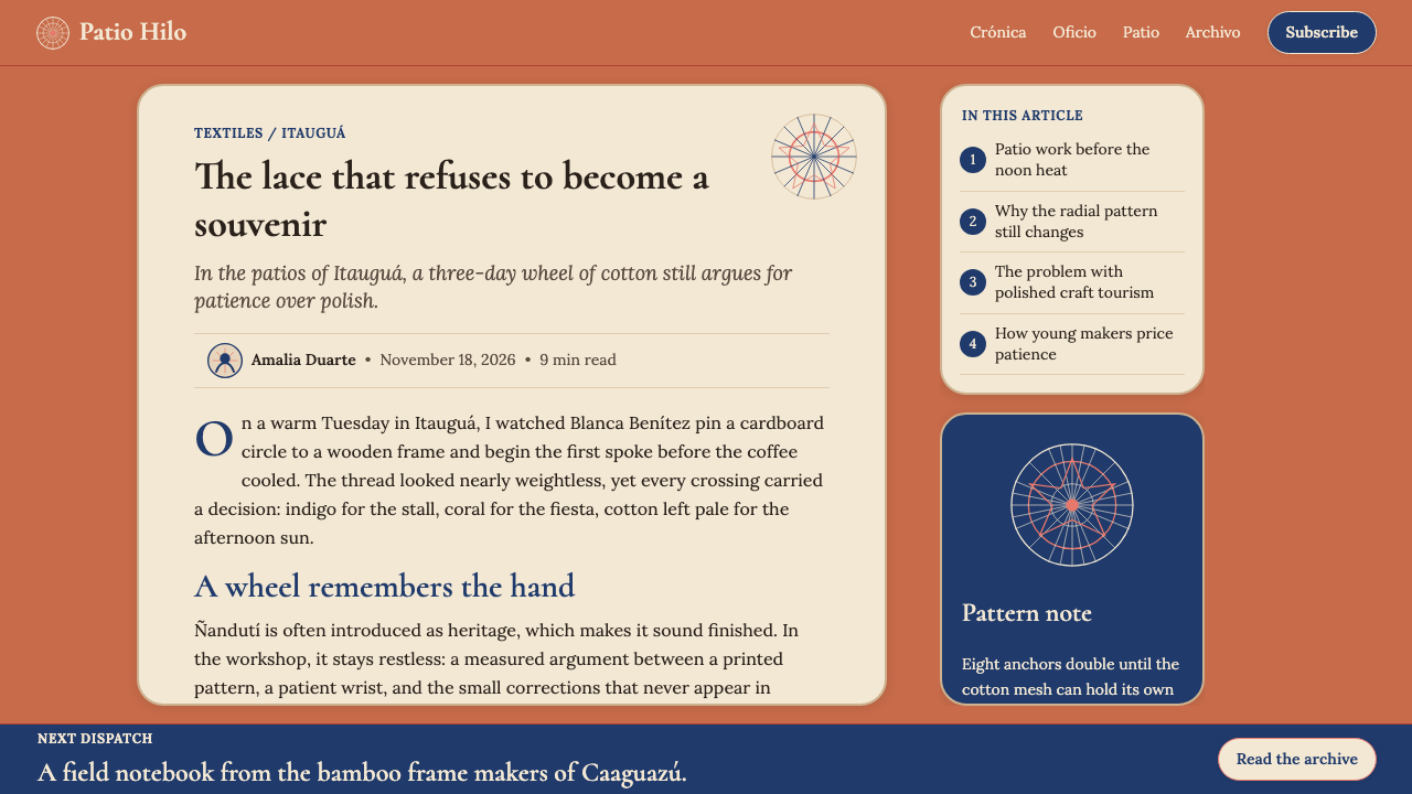 Paraguayan Ñandutí Spider-Web Lace design style applied to a Article page