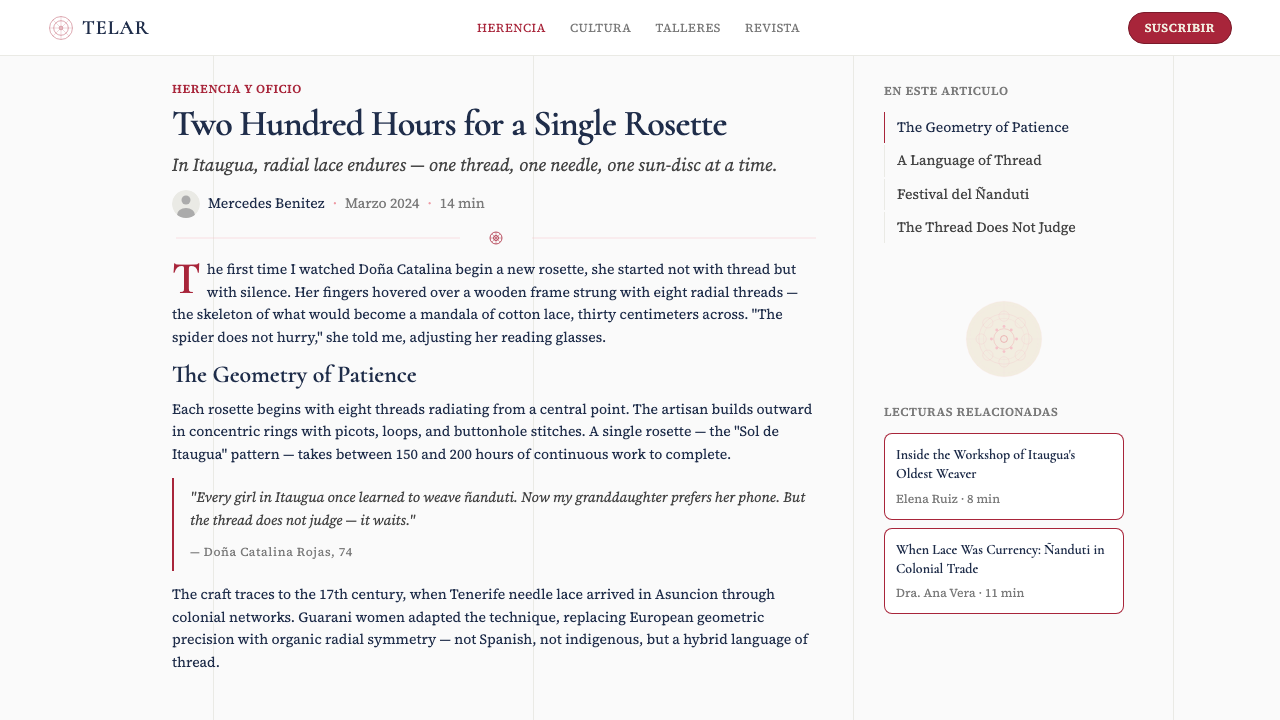 Paraguayan Ñandutí Lace design style applied to a Article page