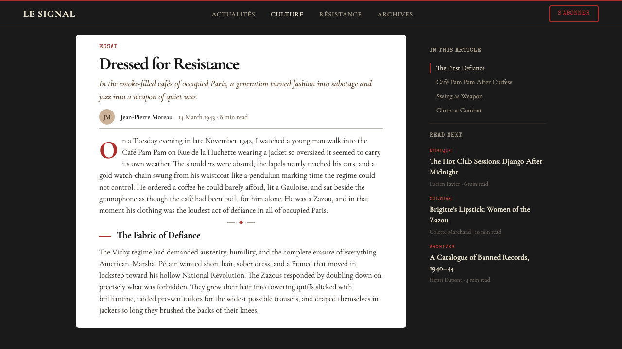 Parisian Zazou (1942) design style applied to a Article page