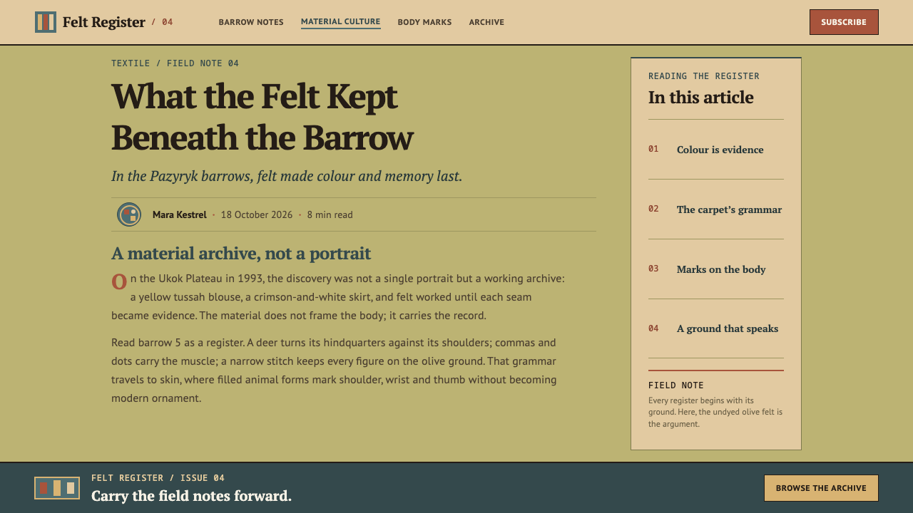 Pazyryk Ice Maiden design style applied to a Article page