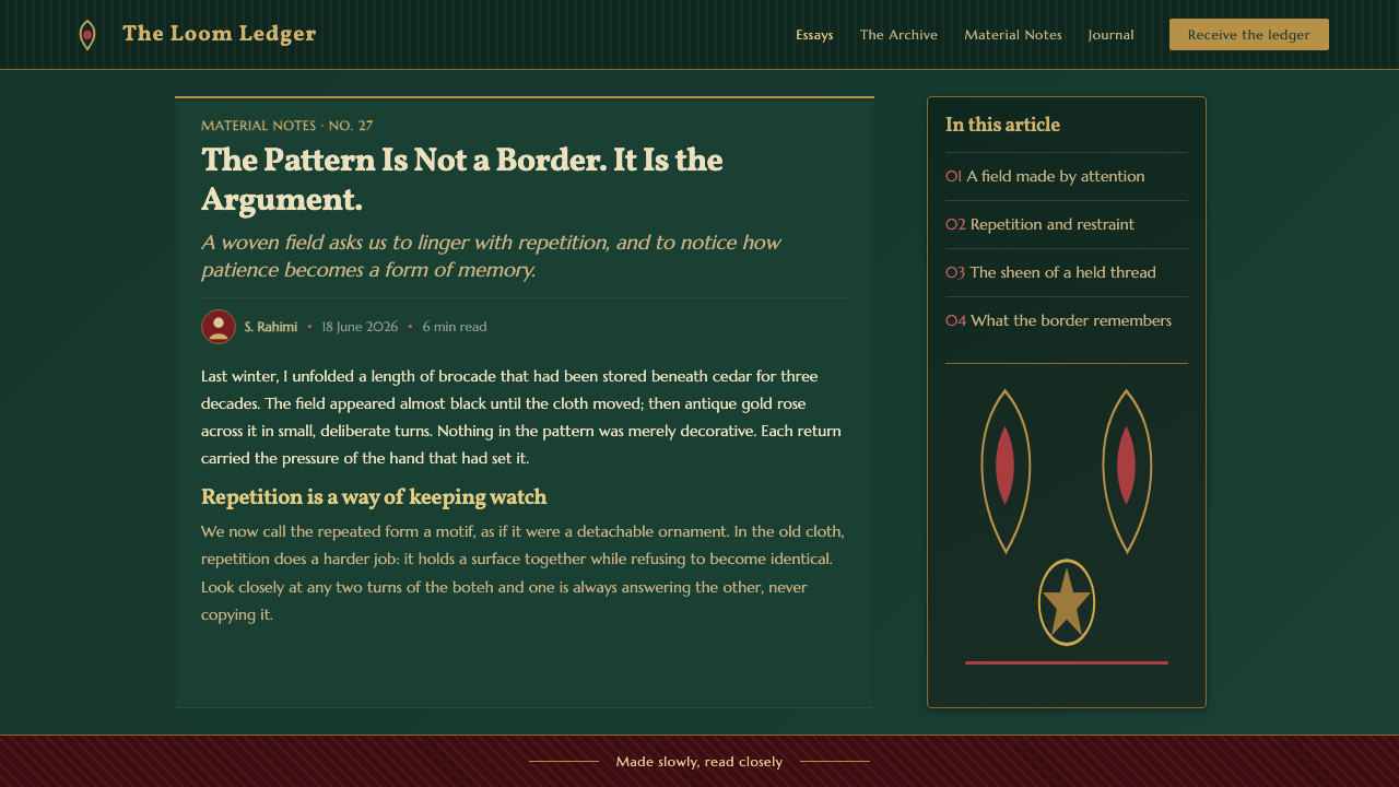 Persian Termeh Boteh design style applied to a Article page
