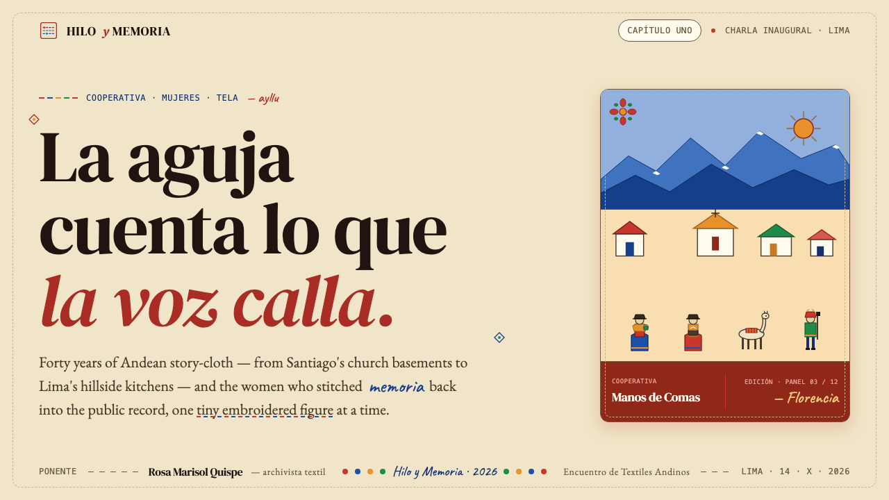 Peruvian Arpillera (Story-Cloth) 设计风格用在幻灯片 · 封面上