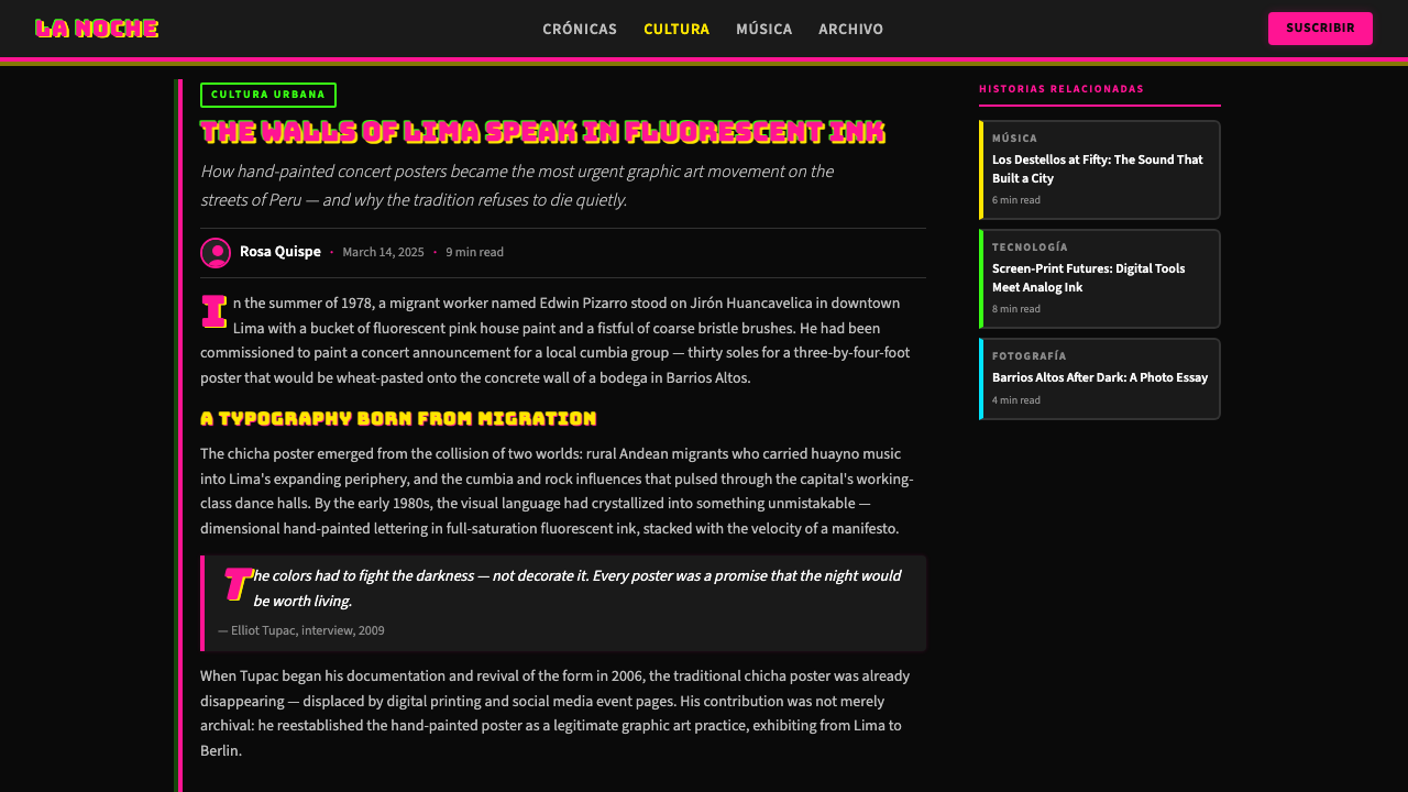 Peruvian Chicha Fluorescent Poster 设计风格用在文章页上