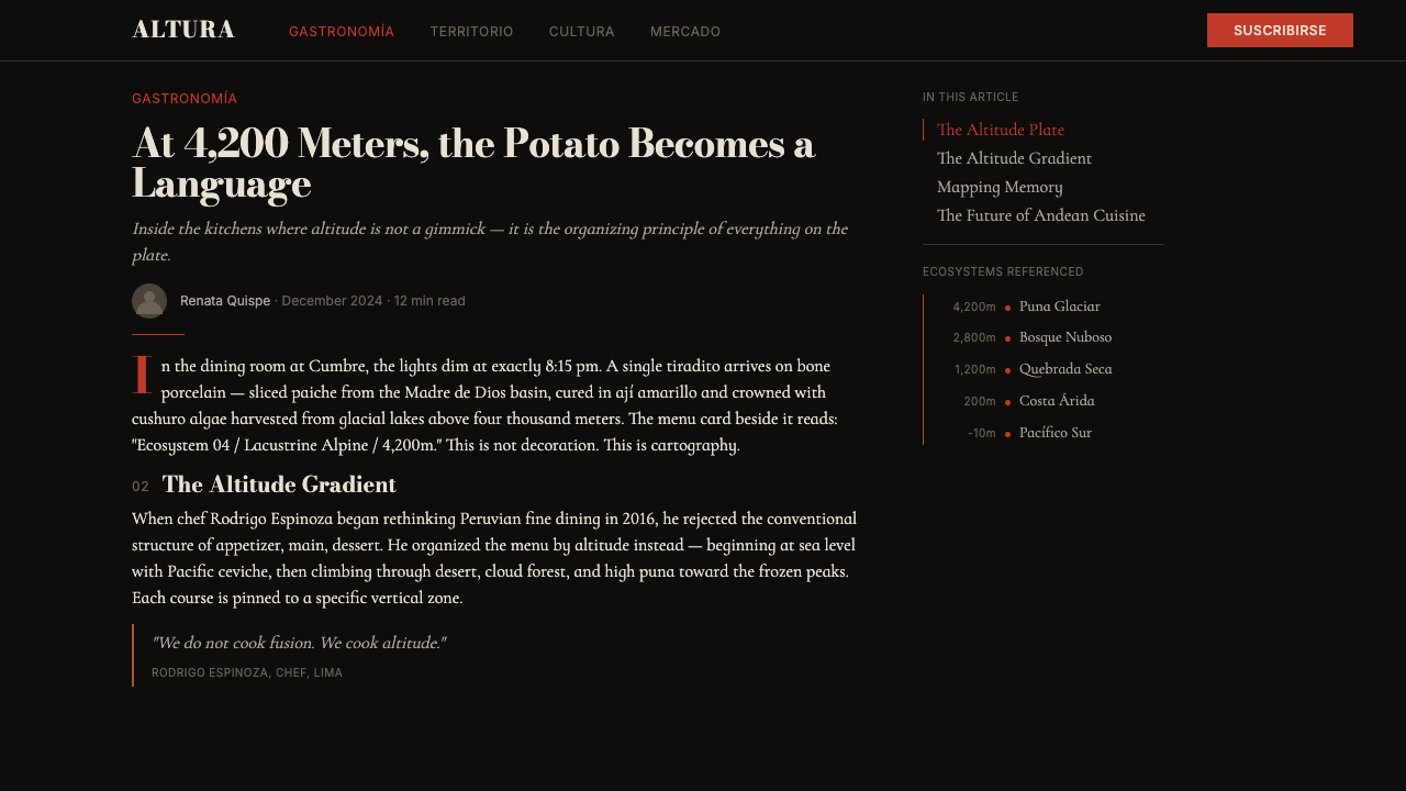 Lima Nuevo Andino Cuisine design style applied to a Article page