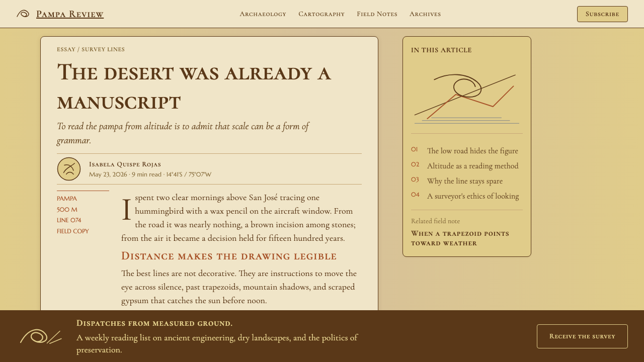 Peruvian Nazca Lines (Geoglyph) design style applied to a Article page