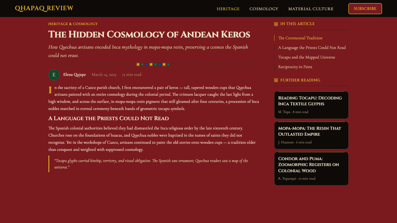 Peruvian Quechua Keros (Andean Cup) design style applied to a Article page