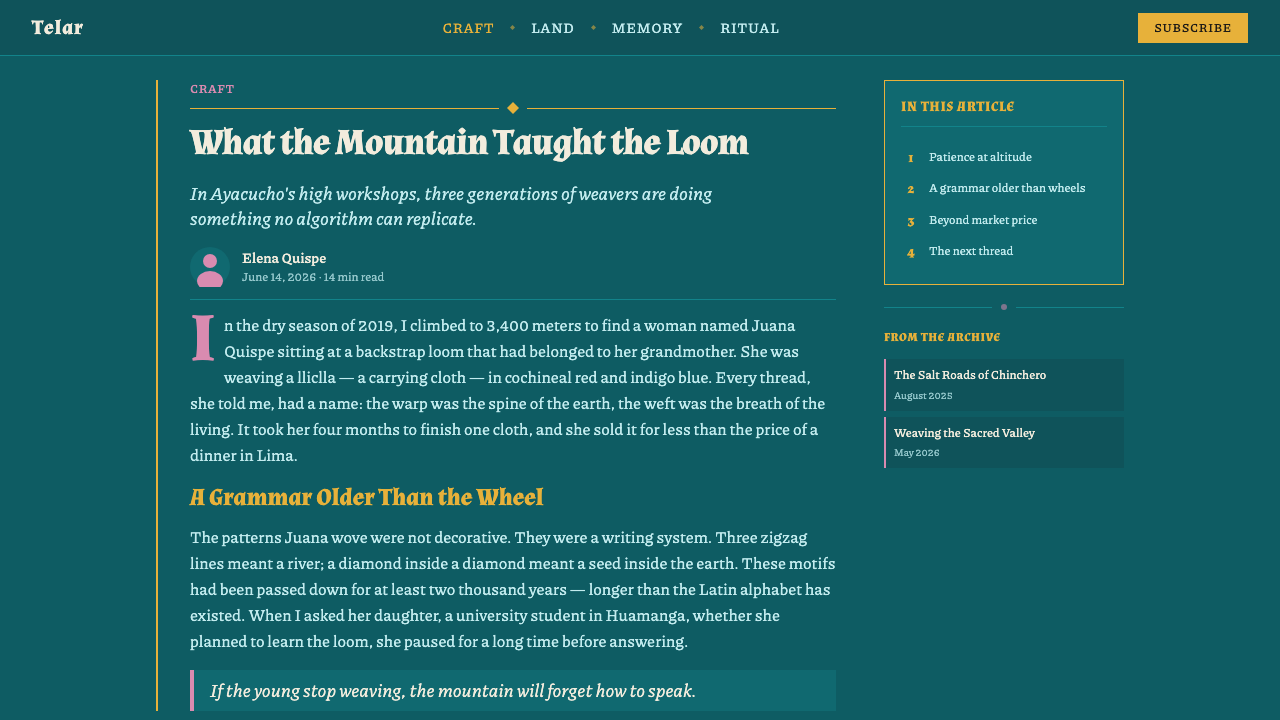 Ayacucho Retablo Box design style applied to a Article page