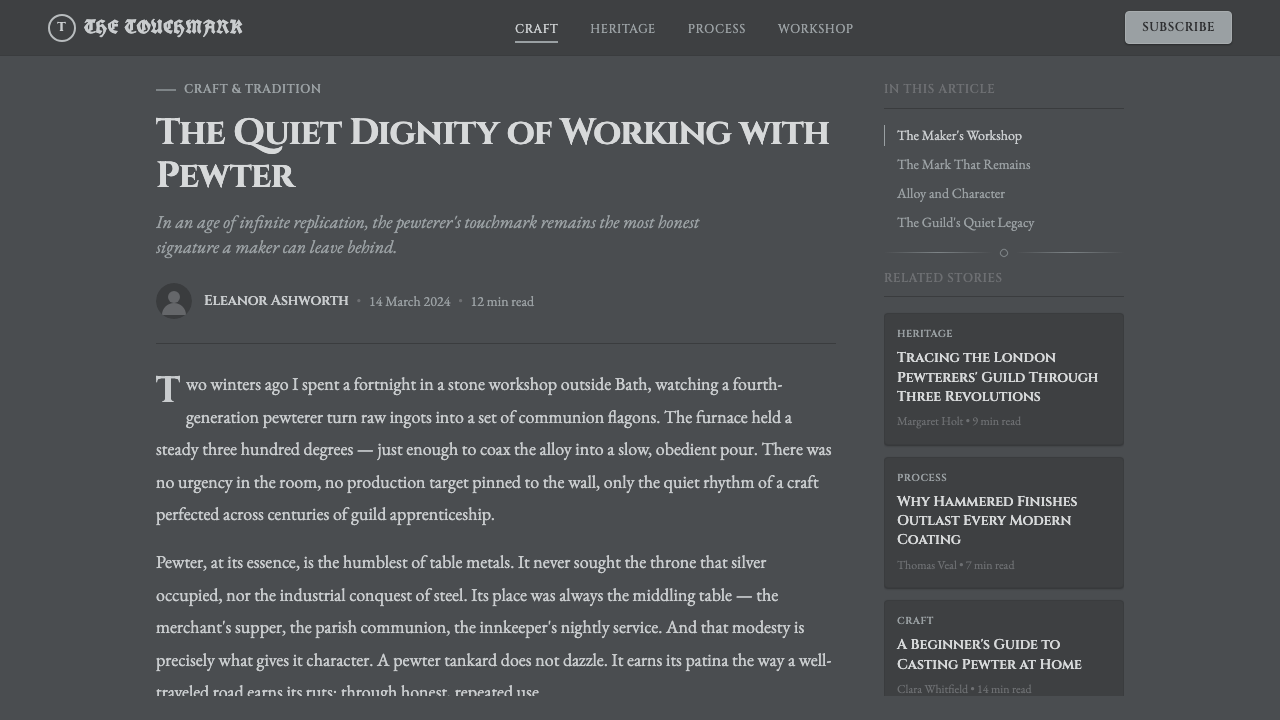 Pewter & Tin Craft design style applied to a Article page
