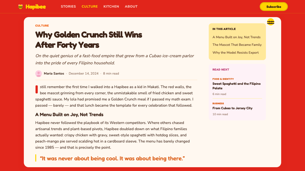 Philippines Jollibee Bee Mascot design style applied to a Article page