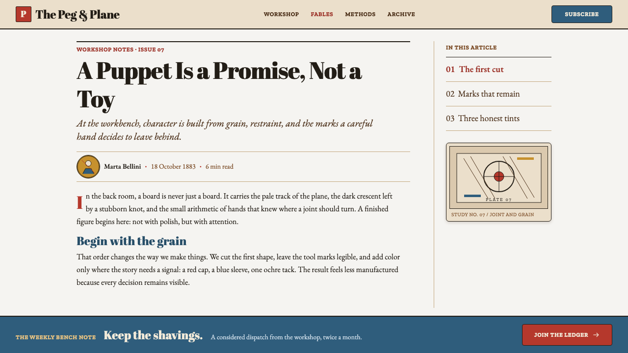 Pinocchio (1883 Marionette Workshop) design style applied to a Article page