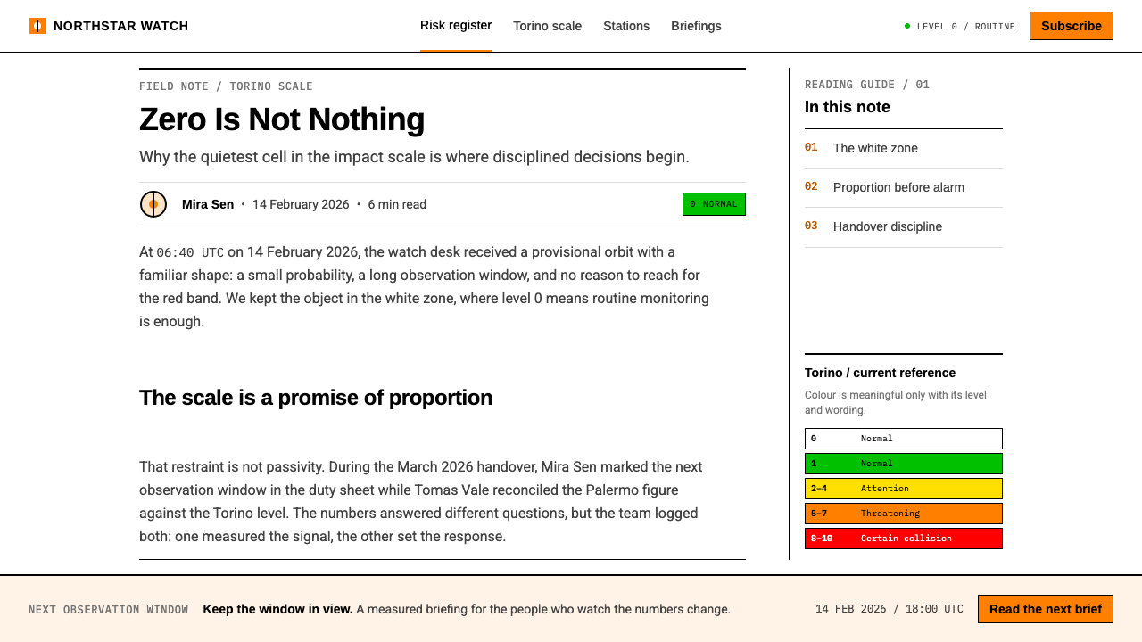 Planetary Defense Watch design style applied to a Article page