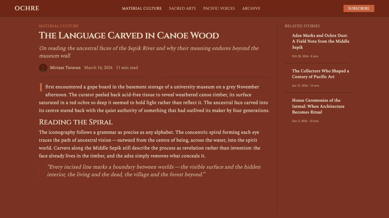 Sepik Spirit Board design style applied to a Article page