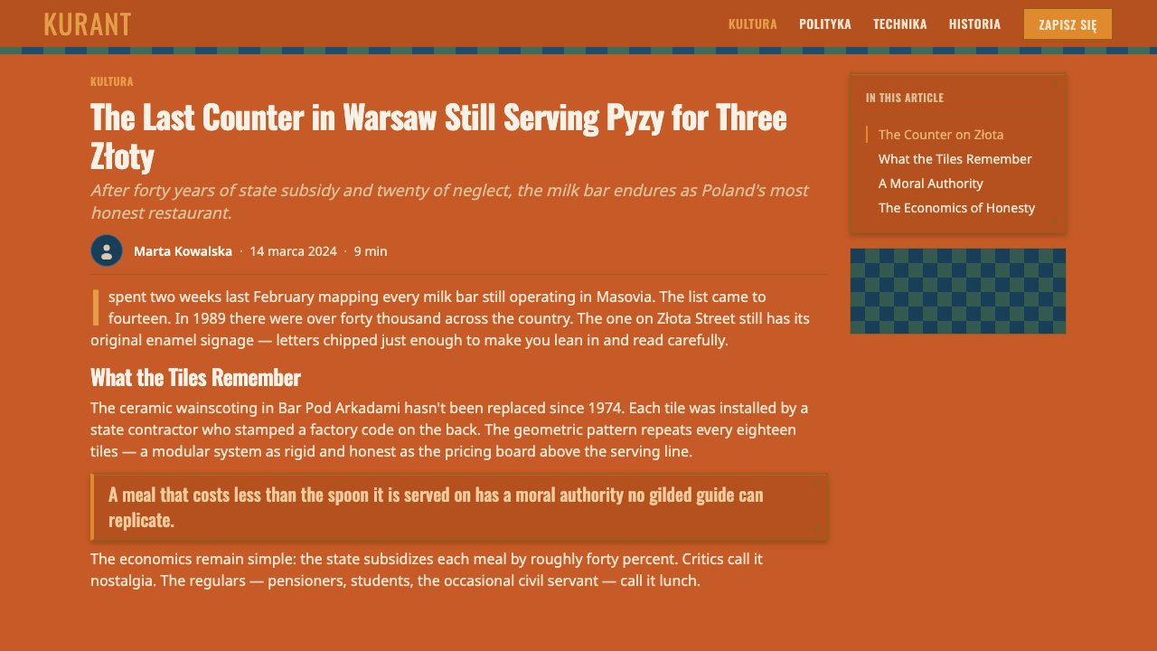 Polish Milk Bar (PRL) design style applied to a Article page