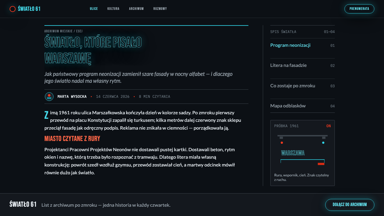 Warsaw Neon design style applied to a Article page