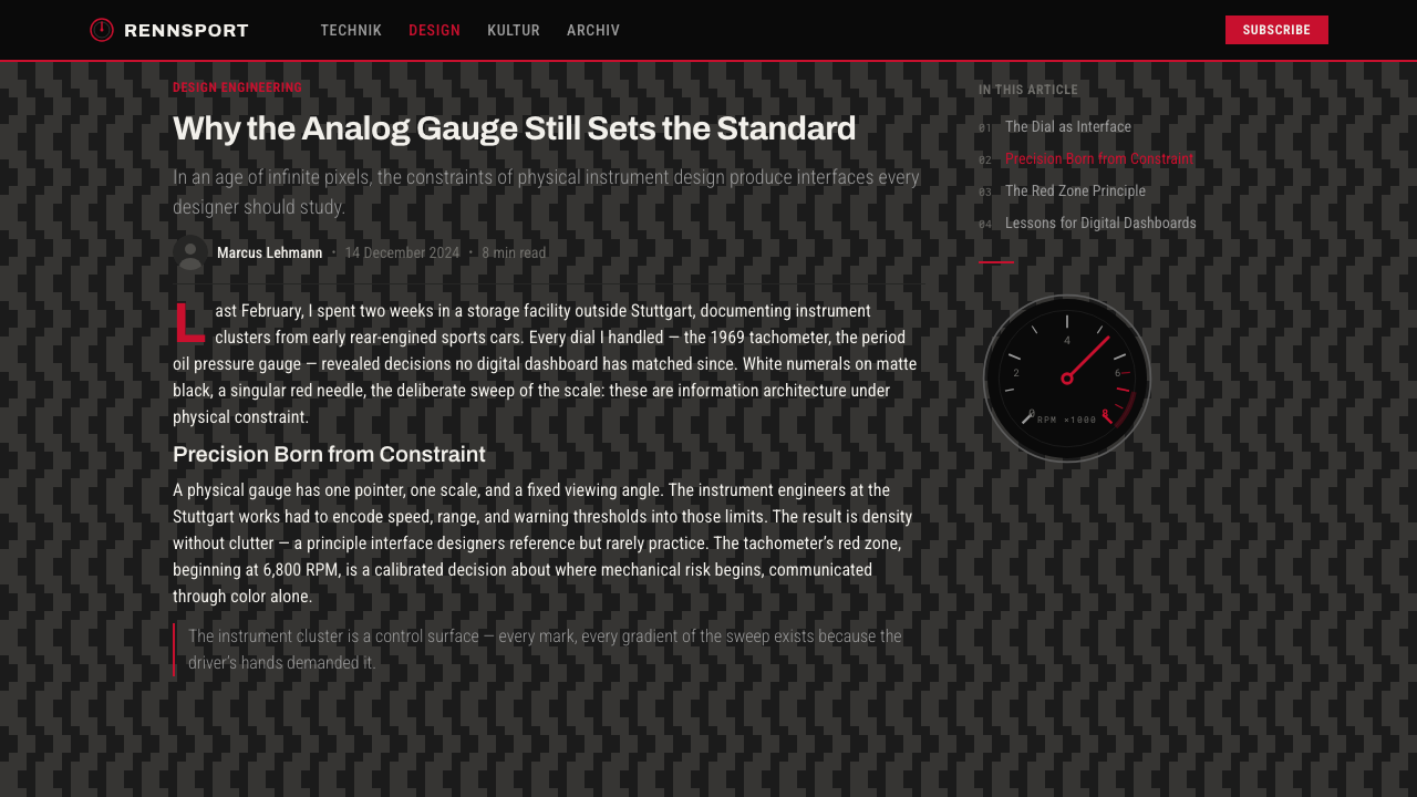 Porsche Pepita design style applied to a Article page
