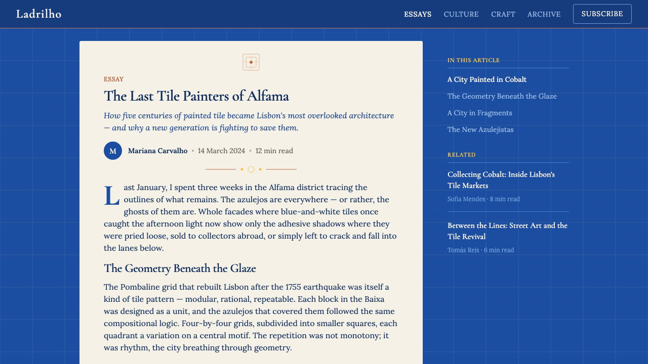 Portuguese Azulejo Modern design style applied to a Article page