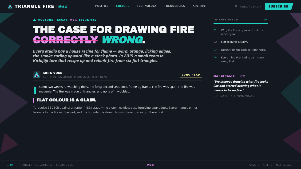 Promare Triangle Fire design style applied to a Article page