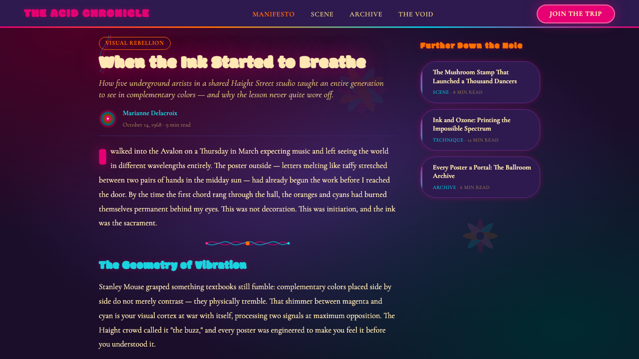 Psychedelic Fillmore (Mouse, 1968) design style applied to a Article page
