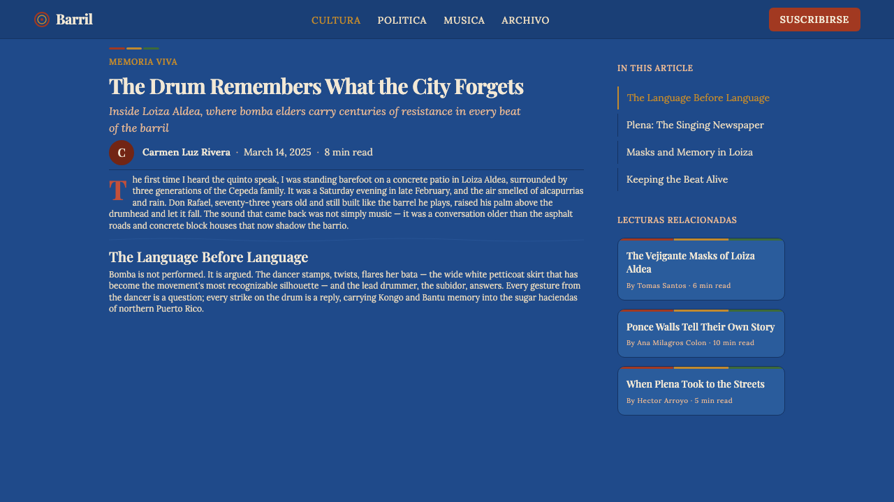 Puerto Rican Bomba & Plena design style applied to a Article page