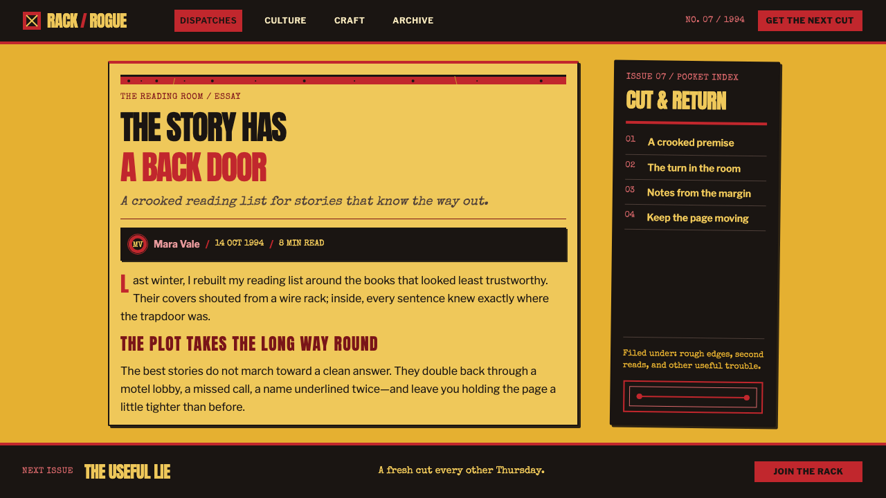 Pulp Fiction (1994) design style applied to a Article page