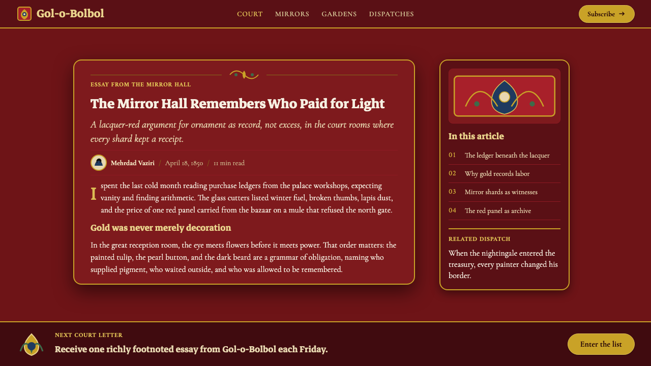 Qajar Persia design style applied to a Article page