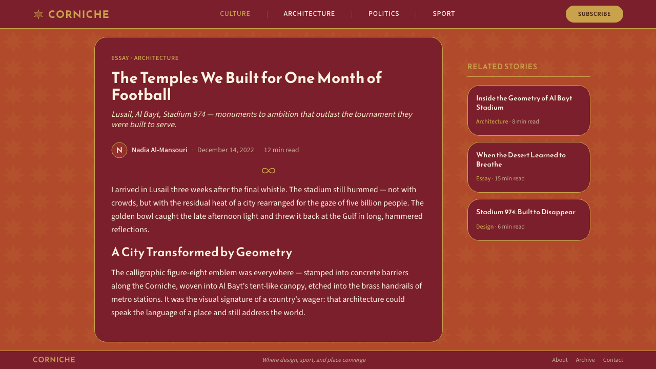Qatar World Cup 2022 design style applied to a Article page