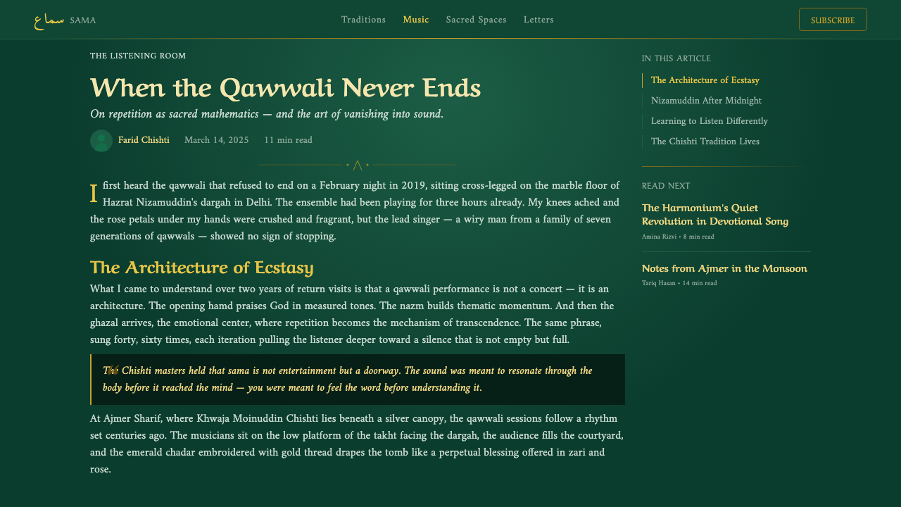 Qawwali Devotional design style applied to a Article page