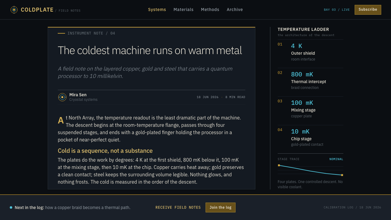 Quantum Datacenter Cryo design style applied to a Article page