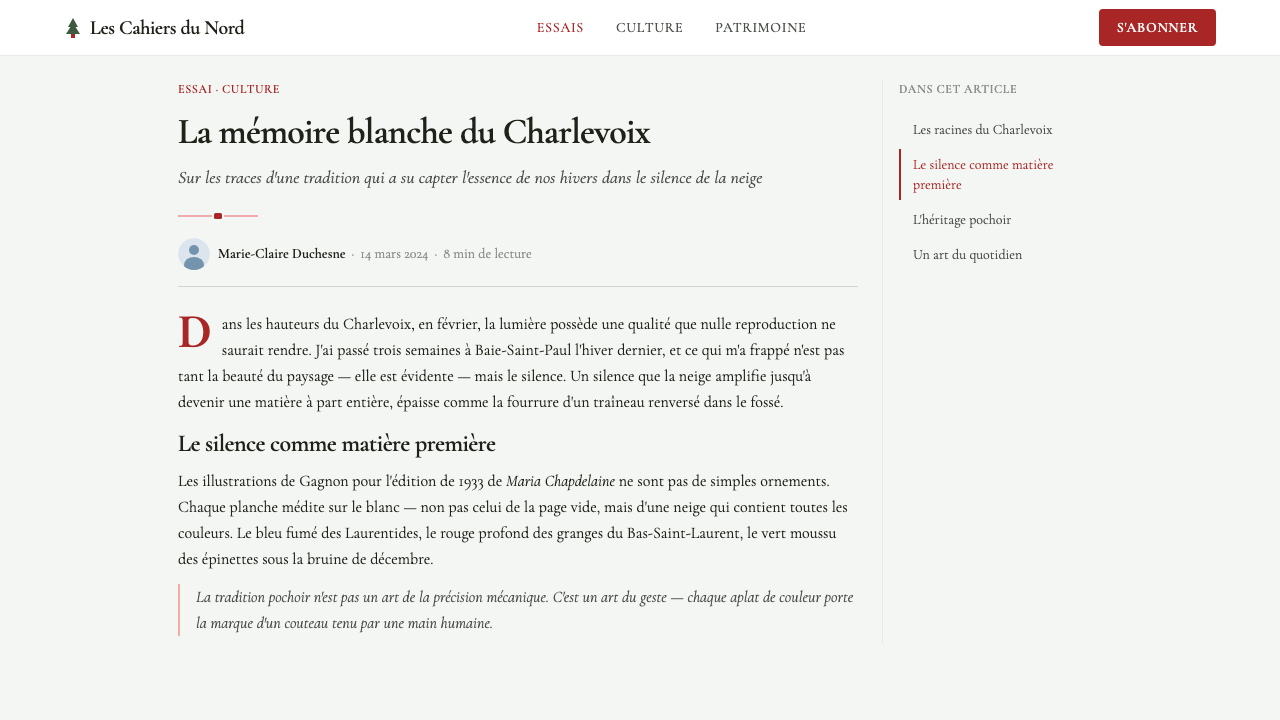 Quebec Clarence Gagnon Folk Naïf design style applied to a Article page