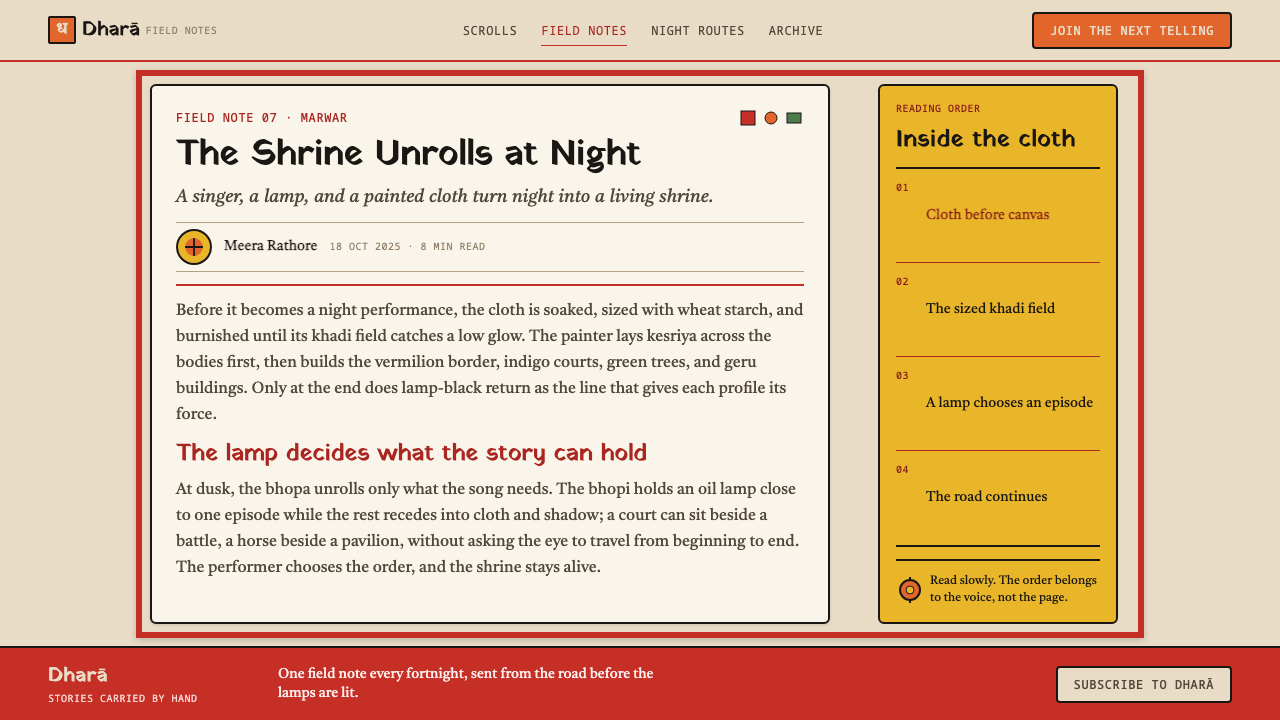 Phad Scroll Painting design style applied to a Article page