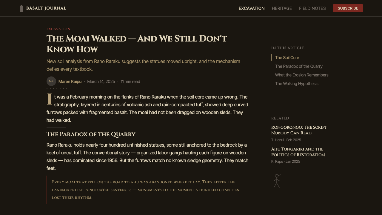 Rapa Nui Moai Petroglyph design style applied to a Article page